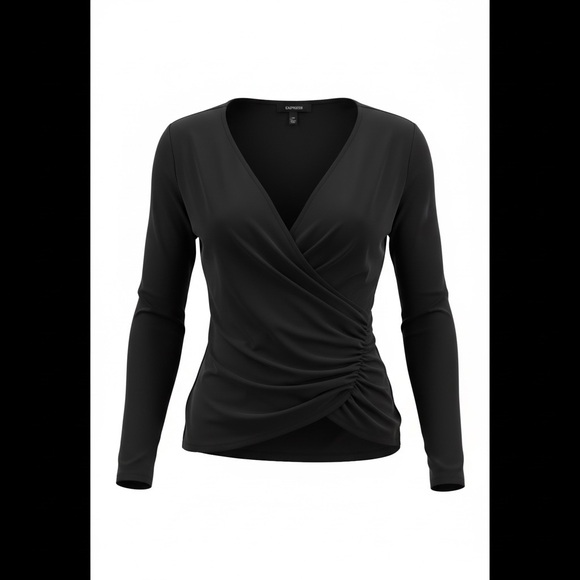 Express Tops - Express Black Ruched Wrap-Front Long-Sleeve Blouse